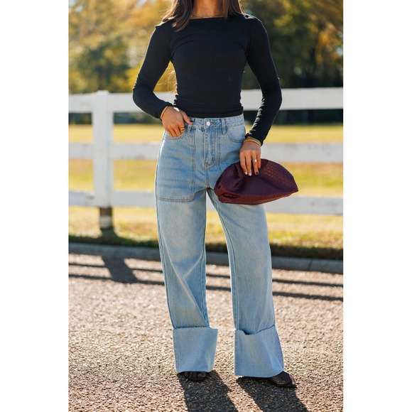 WomensJeans High Rise Wide Leg‎ Folded Cuffs L Country Cowgirl Indie Grunge
